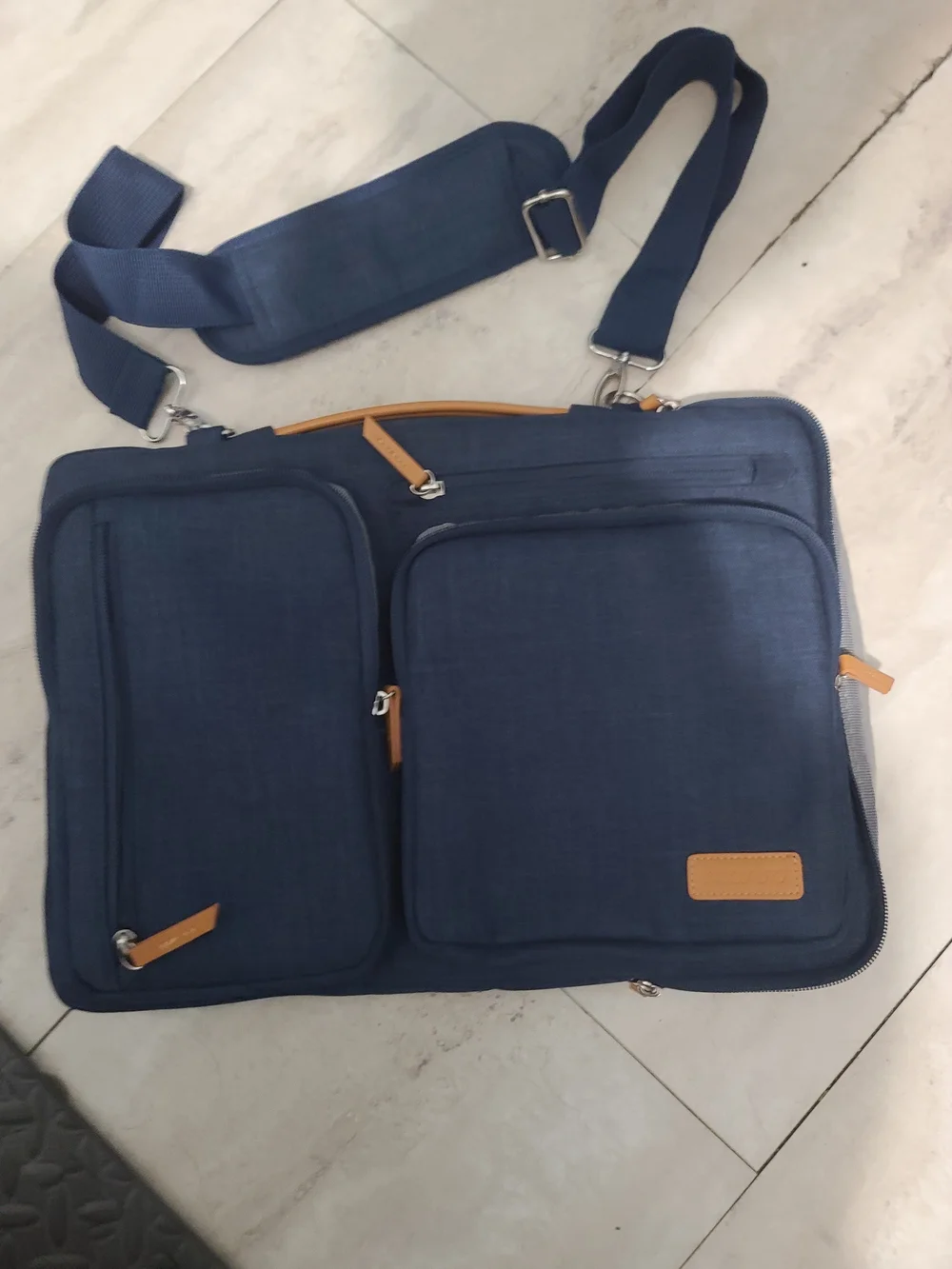 Stylish Navy Men's Messenger Bag with Tan Accents